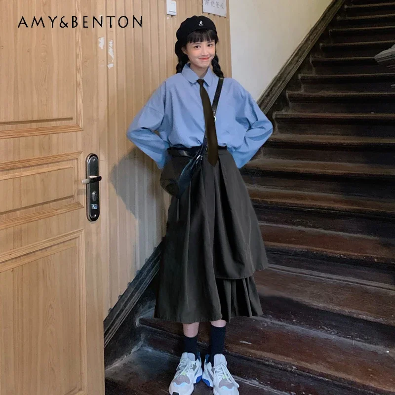 Casual Style Blue Lapel Collar Long-sleeved Shirt Tie Black Medium and Long Pleated Skirt Versatile Fashion Slim Suit For Girls