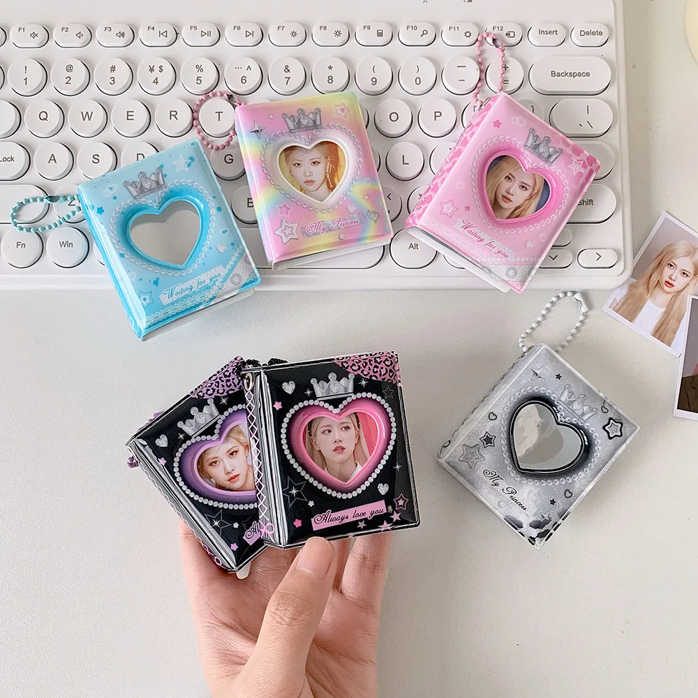 

Korean Cute Heart Hollow 2-inch Card Photo Album Star Idol Photocard PVC Collection Book Bead Chain Keychain Backpack Pendant