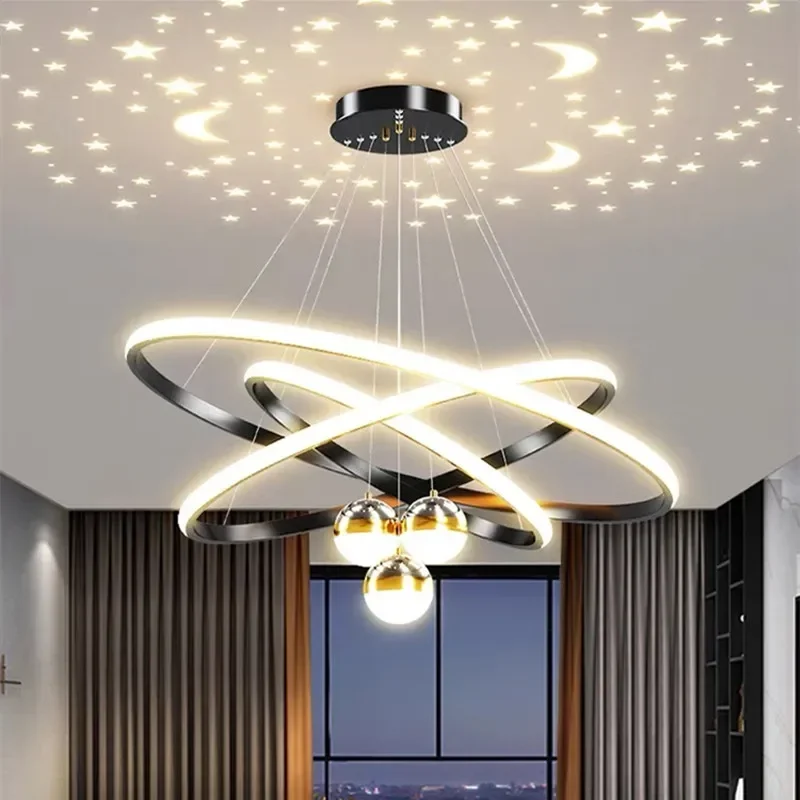 Nordic Led Pendant Lamp Black Creative Living Room Bedroom Romantic Starry Hanging Lamp Gold Circular Lamps Aesthetic Room Decor