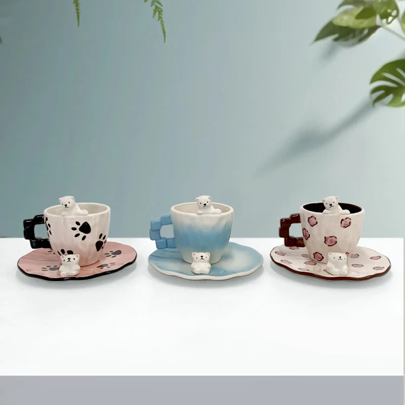 1 Pcs New 3D Polar Bear Ceramic Coffee Glass And Saucer Set With Ice Cube Handle Cute Christmas Gifts For Children Dropshipping view 6