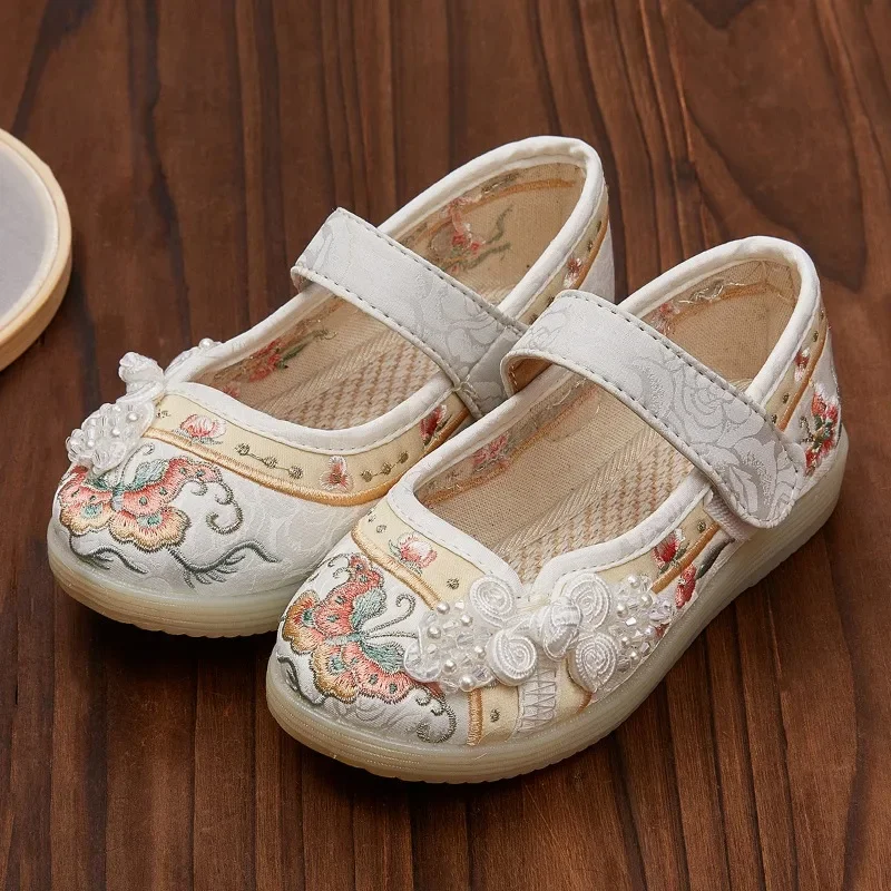 Kids Hanfu Shoes Sweet Embroidery Flower Girl Princess Shoes Fashion Chinese Ancient Style Children\'s Causal Flat Cloth Shoes