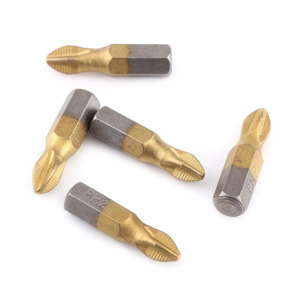 Titanium Coated 1/4"Hex Shank 25mm Length PH2 Antislip Magnetic  Screwdriver Bits Set PH2 Bit Magnetic Screwdriver Bit