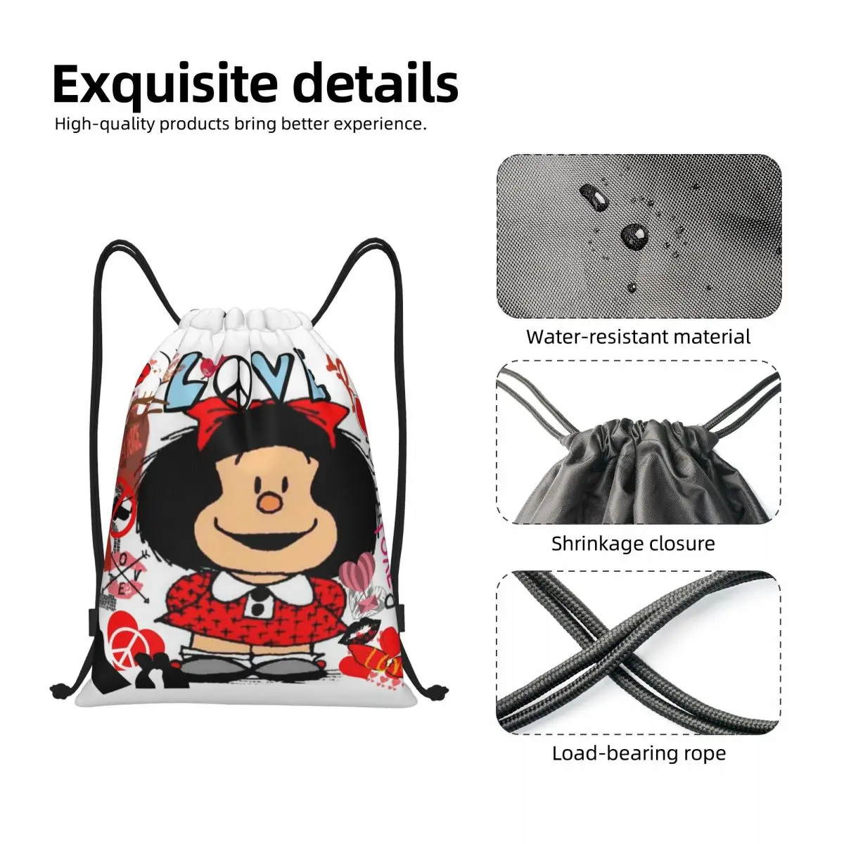 Love And Mafalda circondato da Hearts zaino con coulisse Sport Gym Sackpack portatile Quino Manga Cartoon Shopping Bag Sack