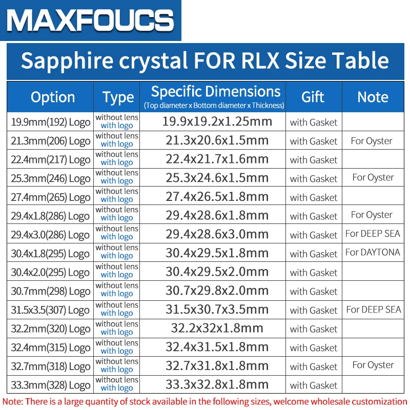 Sapphire Crytal with Laser Logo Crown For OYSTER 21.3mm 25.3mm 32.7mm DAYTONA 30.4x1.8mm Anti-scratch Flat Bottom With Slot