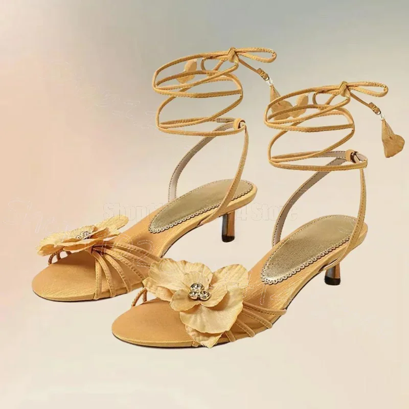 Gold Appliques Design Open Toe Twine Sandals Lace Up Women Shoes Thin High Heels Party Banquet Dating 2025 Zapatos Para Mujere