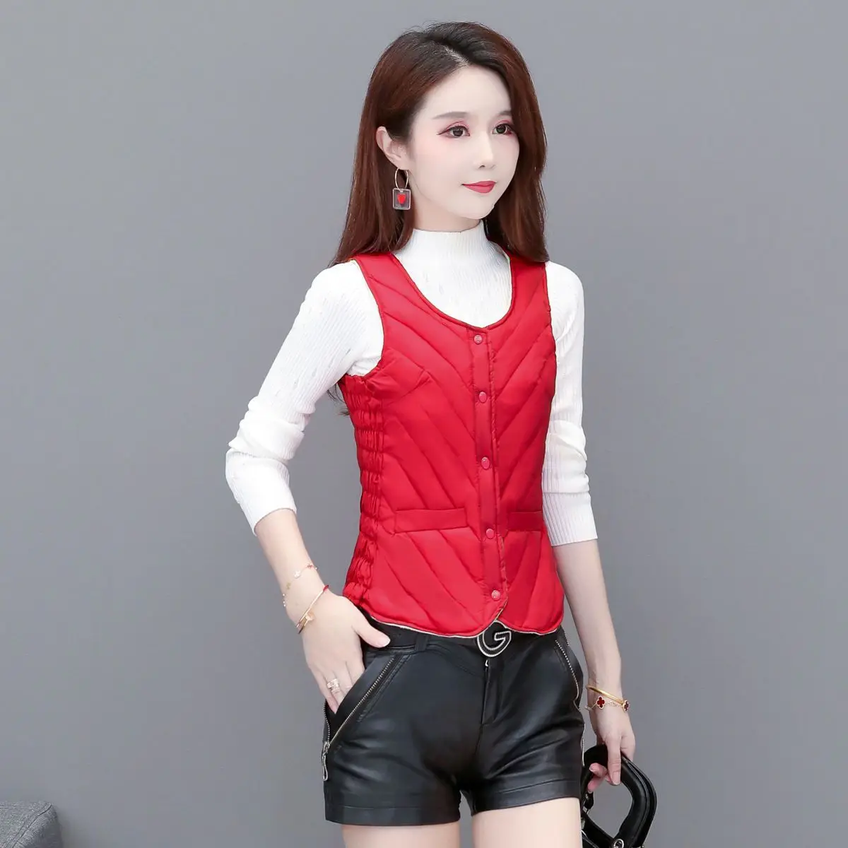 Women Autumn Winter Fashion Simplicity All-match Button Solid Color V-neck Women Clothes Appear Thin Cotton Liner Thick Vest top