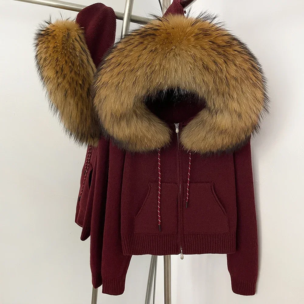 Real Fox Fur Jacket Cardigan for Women Knit Natural Fur Coat Long Sleeve Tops Fashion Knit Hoodie Large Cardigan Zipper Pockets