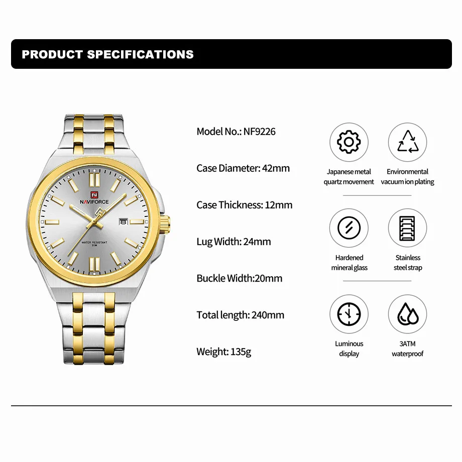 NAVIFORCE New Design Fashion Watch for Men Luxury Stainless Steel Strap Waterproof Date Luminous Quartz Wristwatch Reloj Hombre