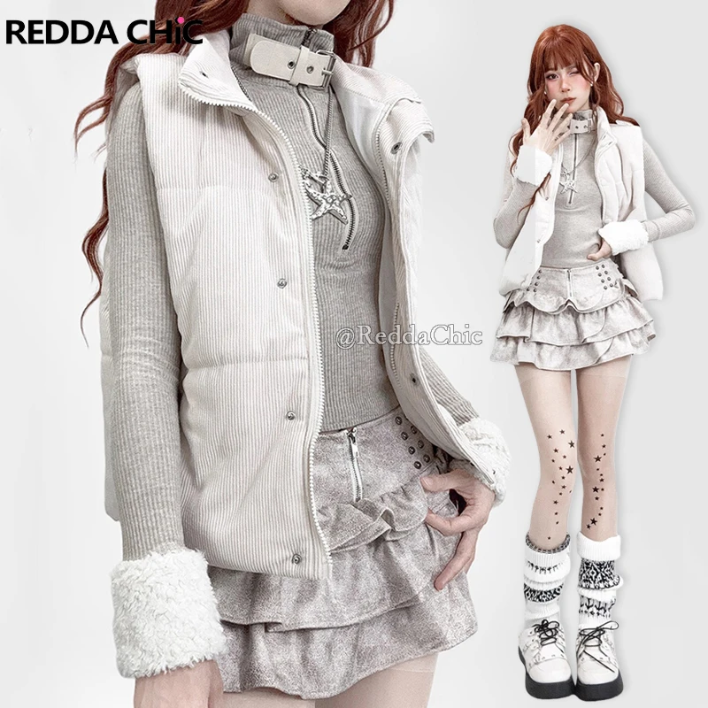 

REDDACHiC женский вельветовый стеганый жилет, многослойная водолазка на молнии с карманом на пуговицах, куртка без рукавов, повседневная осенне-зимняя одежда