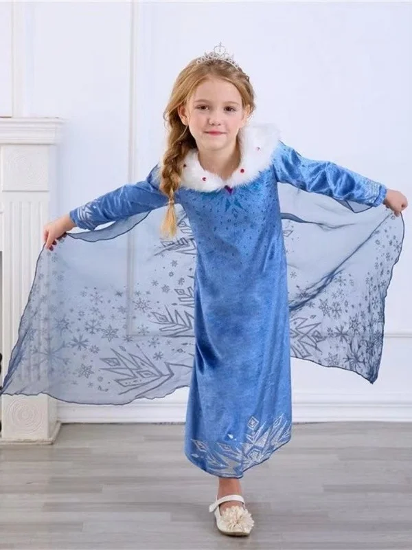 Disney Frozen Elsa Snow Queen Winter Long Princess Dress Girls Kids Halloween Carnival Birthday Party Stage Cosplay Dress Up view 4
