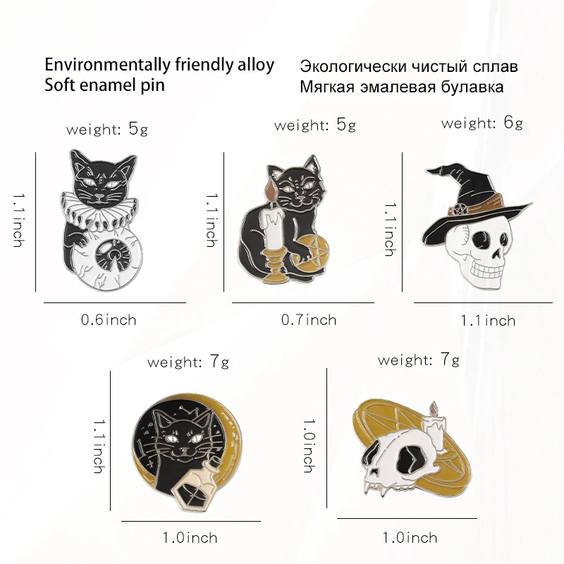 パーソナライズされたアイキャンドルのラペルバッジ,ダークパンク,ゴシックジュエリー,友人へのギフト,猫のデュークのエナメルブローチ,魔女の頭蓋骨の骨格
