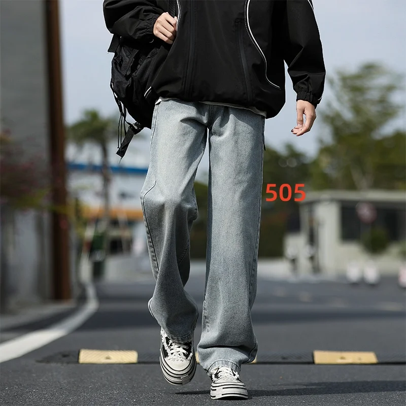 Summer men's denim pants distressed washed men's jeans Hong Kong style straight leg casual men's loose wide leg pants