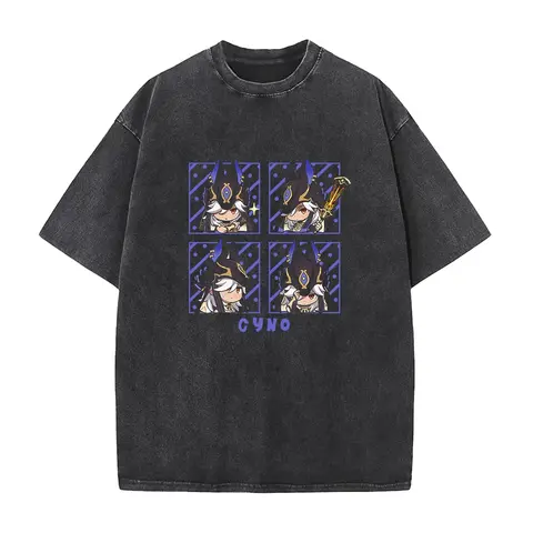 MINISO Genshin Impact Cyno Print T-shirt Men Women Casual Loose T-shirts Washed Cotton T Shirt Harajuku Male Vintage Tops Soft