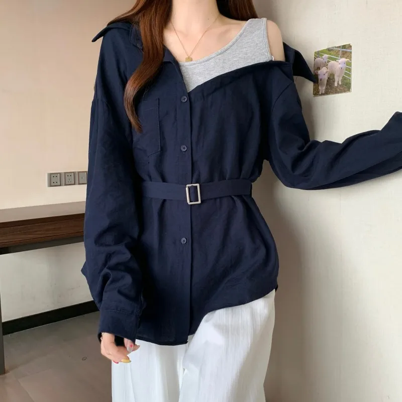 

Oversized Design Shirts Patchwork Fake Two Piece Off Shoulder Long Sleeve Blouses 2025 Autumn Slim Waist Tops Women's Clothing