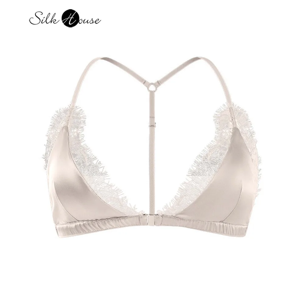 French Eyelash Lace 93% Natural Mulberry Silk (Excluding Lace) V-neck Without Steel Ring French Triangular Cup Front Button Bra