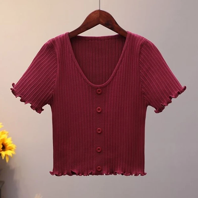 Spring Button Up Tops New All-match Sexy T-Shirts Women V-neck Summer Short Sleeve Elastic T-shirts Solid Knit Casual Pullovers