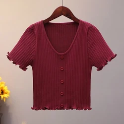 Spring Button Up Tops New All-match Sexy T-Shirts Women V-neck Summer Short Sleeve Elastic T-shirts Solid Knit Casual Pullovers