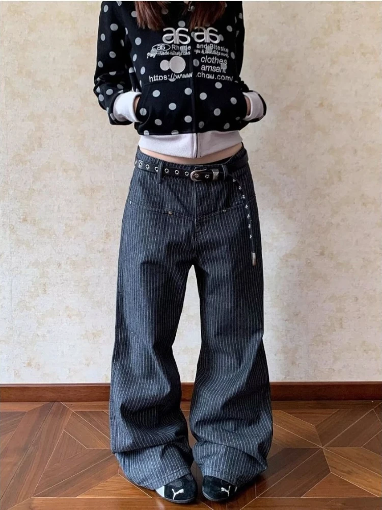 HOUZHOU Vintage Striped Jeans Women Y2k Harajuku Hip Hop Straight Denim Trousers American Retro Punk Streetwear Wide Leg Jeans