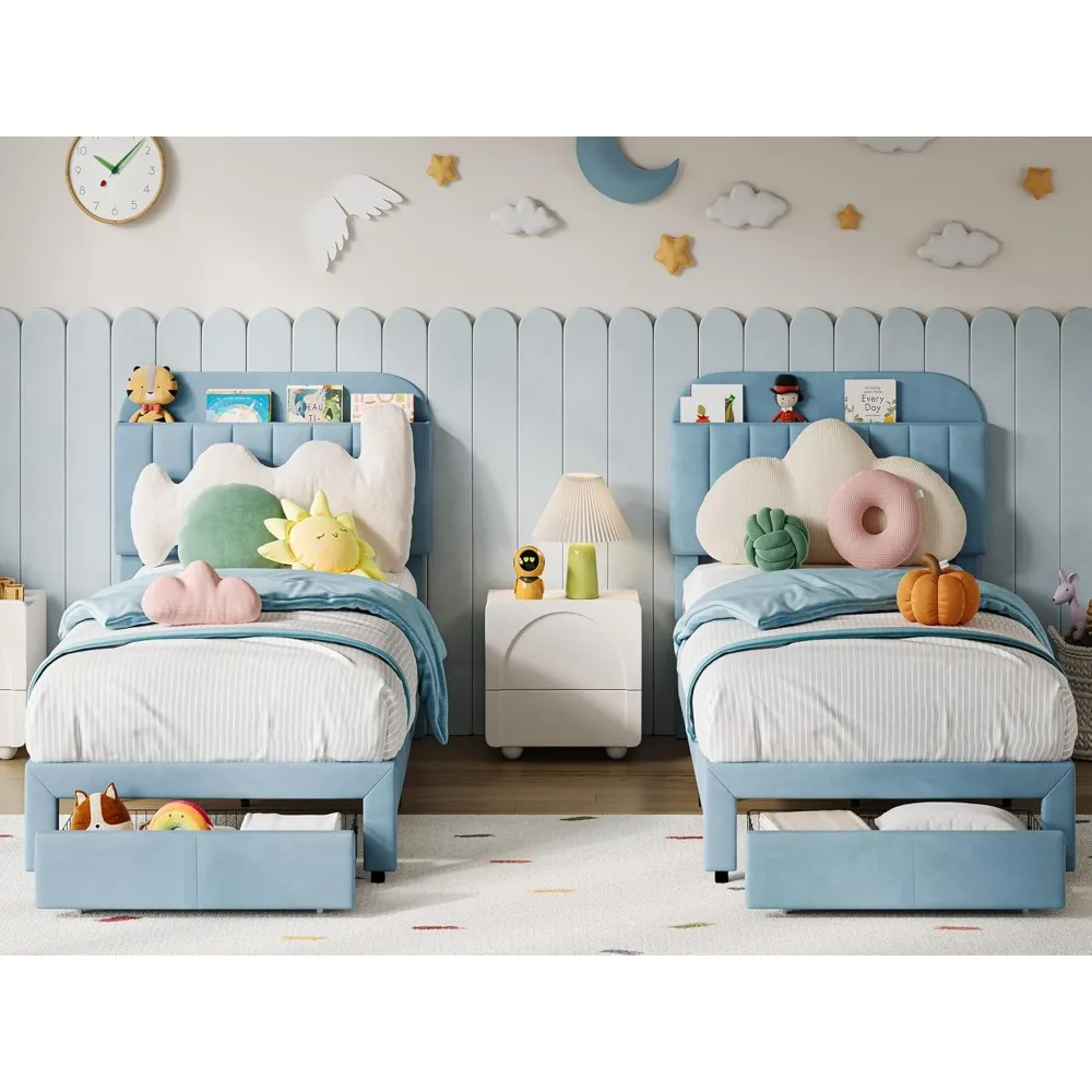 

Pair of Kids' Twin Upholstered Platform Beds with Storage Drawers and Bookcase Headboards, Ideal for Boys' Rooms