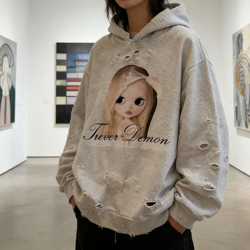Autumn Winter Gothic Funny Cartoon Printing Long Sleeved Loose Pullover Fashion Aesthetics Casual Holes Make Old Women Hoodies