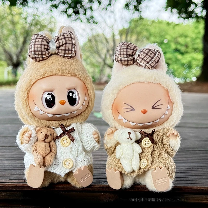 

Clothing For 1st 2nd 3rd Generation 15cm 17cm Labubu Cute Dolls White Bear Button Sweater With Bow Hair Accessory