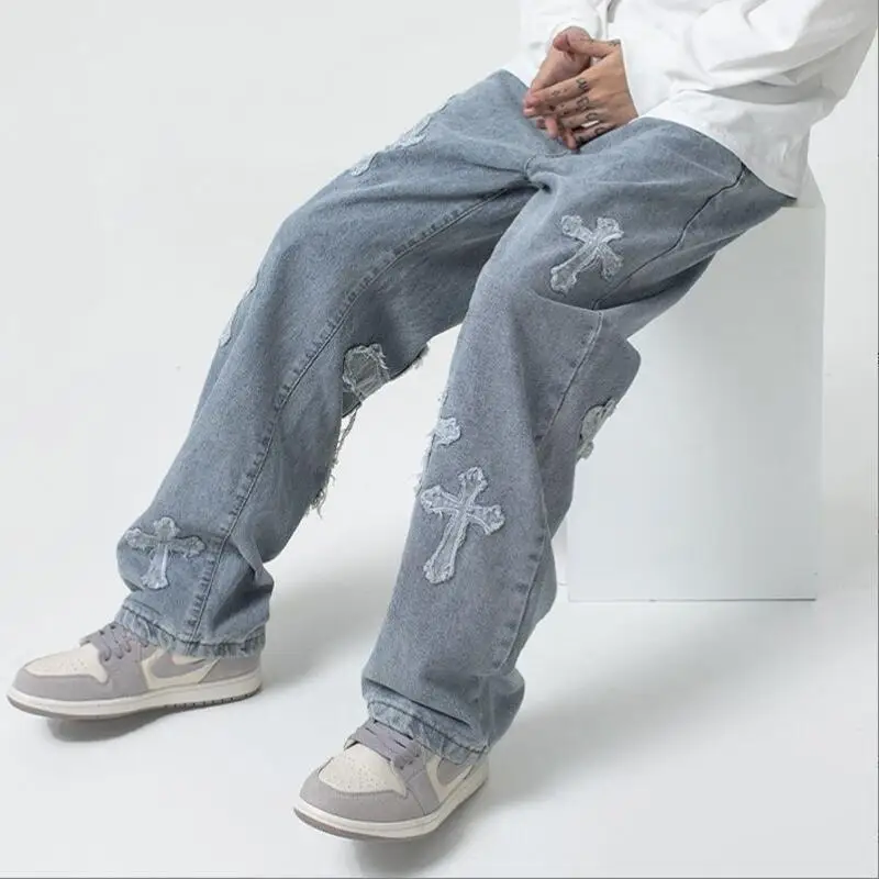 

Streetwear Hip Hop Baggy Jeans For Men Korean Y2k Fashion Trousers Cross Denim Pants Man Cargo Pants Punk Clothes w431
