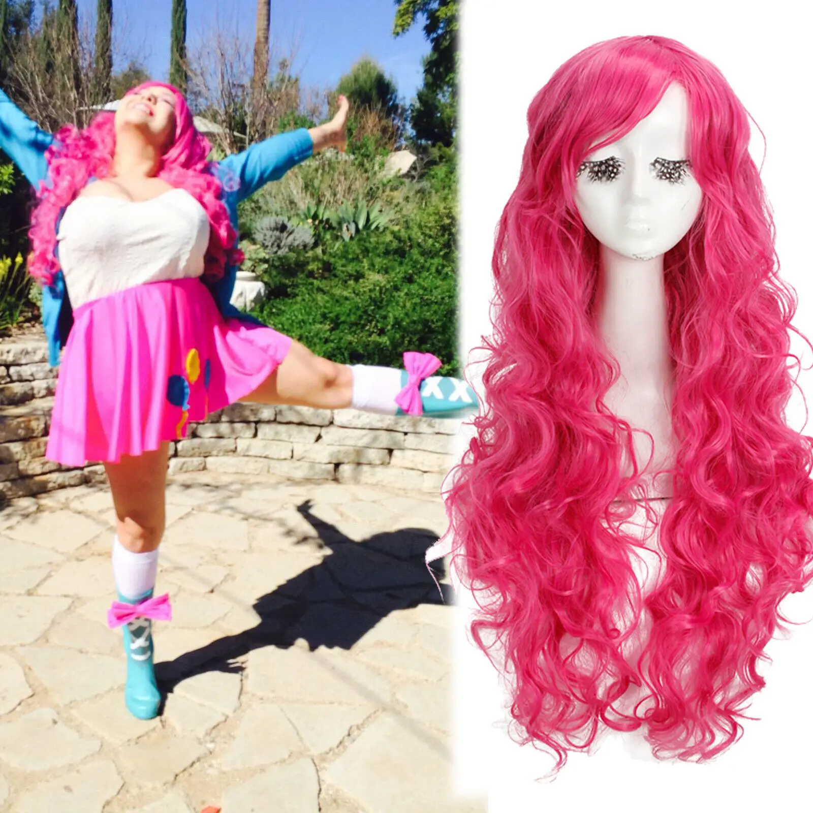 My Little Pony Pinkie Pie Magenta Curly Wavy Wave Long Cosplay Wig Halloween Wig