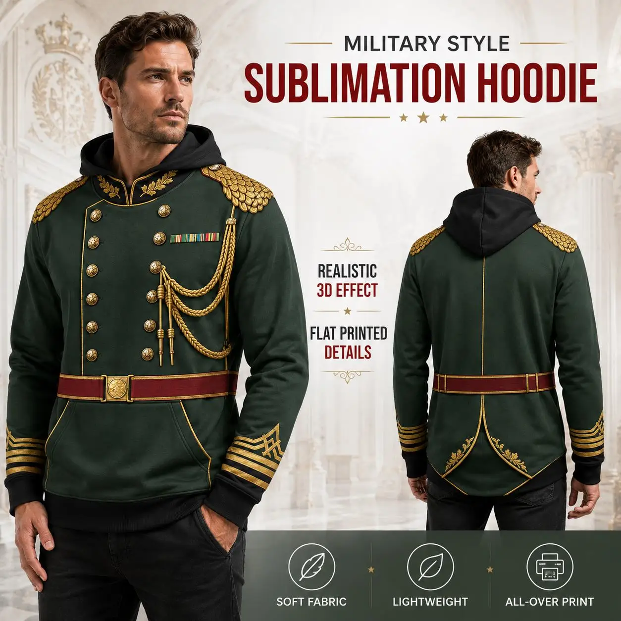 Vintage Military Uniform Style Hoodie Men Forest Green Gold 3D Print Officer Inspired Pullover Hooded Sweatshirt Retro