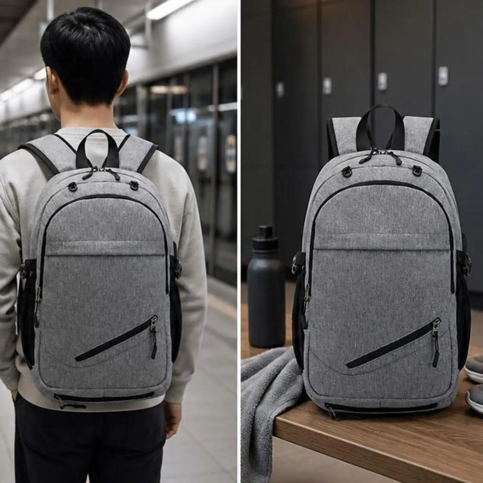 Men's Oxford USB Backpack with External Charging Port Polyester Daypack for College and Office