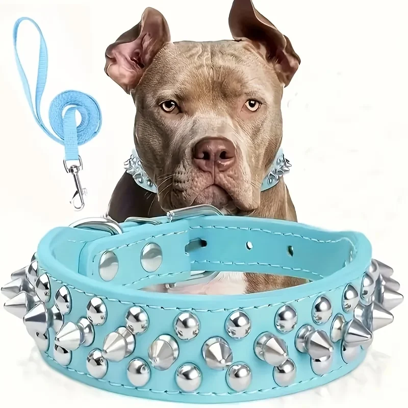 2-teiliges Set aus Nieten-Hundehalsband und Leine, Verstellbares Nieten-Kunstleder-Halsband für Outdoor-Spaziergänge – Detail 4