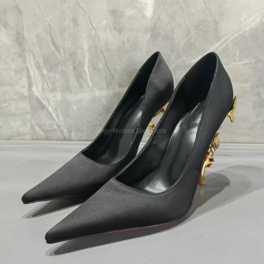Golden Shaped High Heel Single Shoes Women Black Silk Shallow Mouth Pumps Handmade Brand Design Quality Shoes Lady Size 43