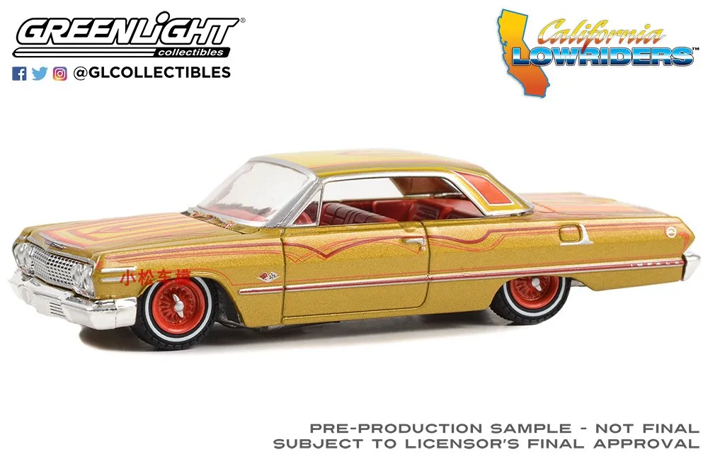 

Green Light 1:64 California Low Slung Series 4-1963 Impala SS - Золотистая металлическая модель автомобиля с красными акцентами, коллекционные подарки