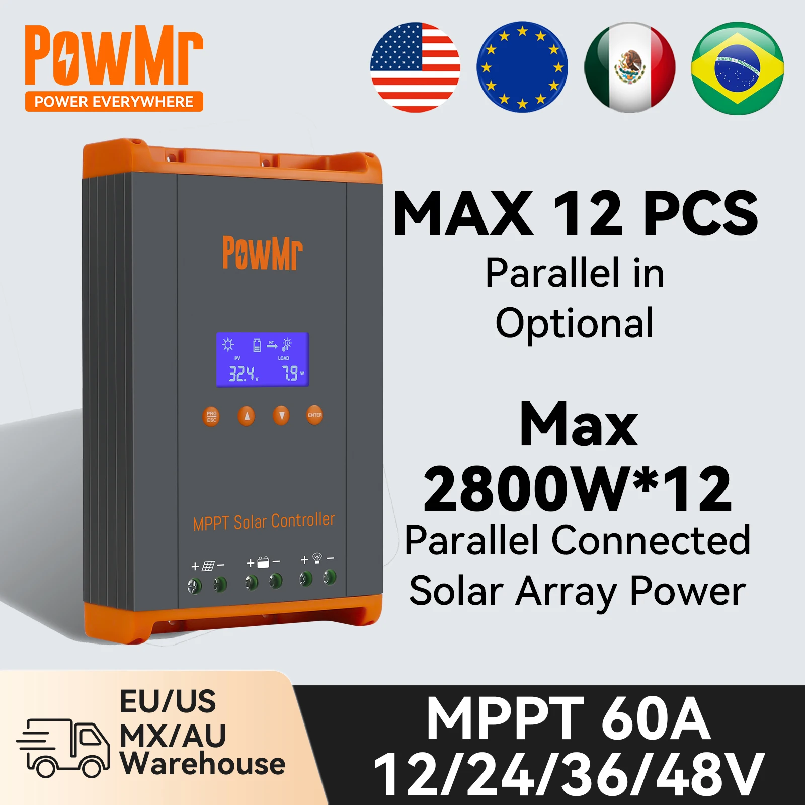 PowMr Parallel Solar Charge Controller MPPT 60A 12V 24V 36V 48V Solar Battery Regulator