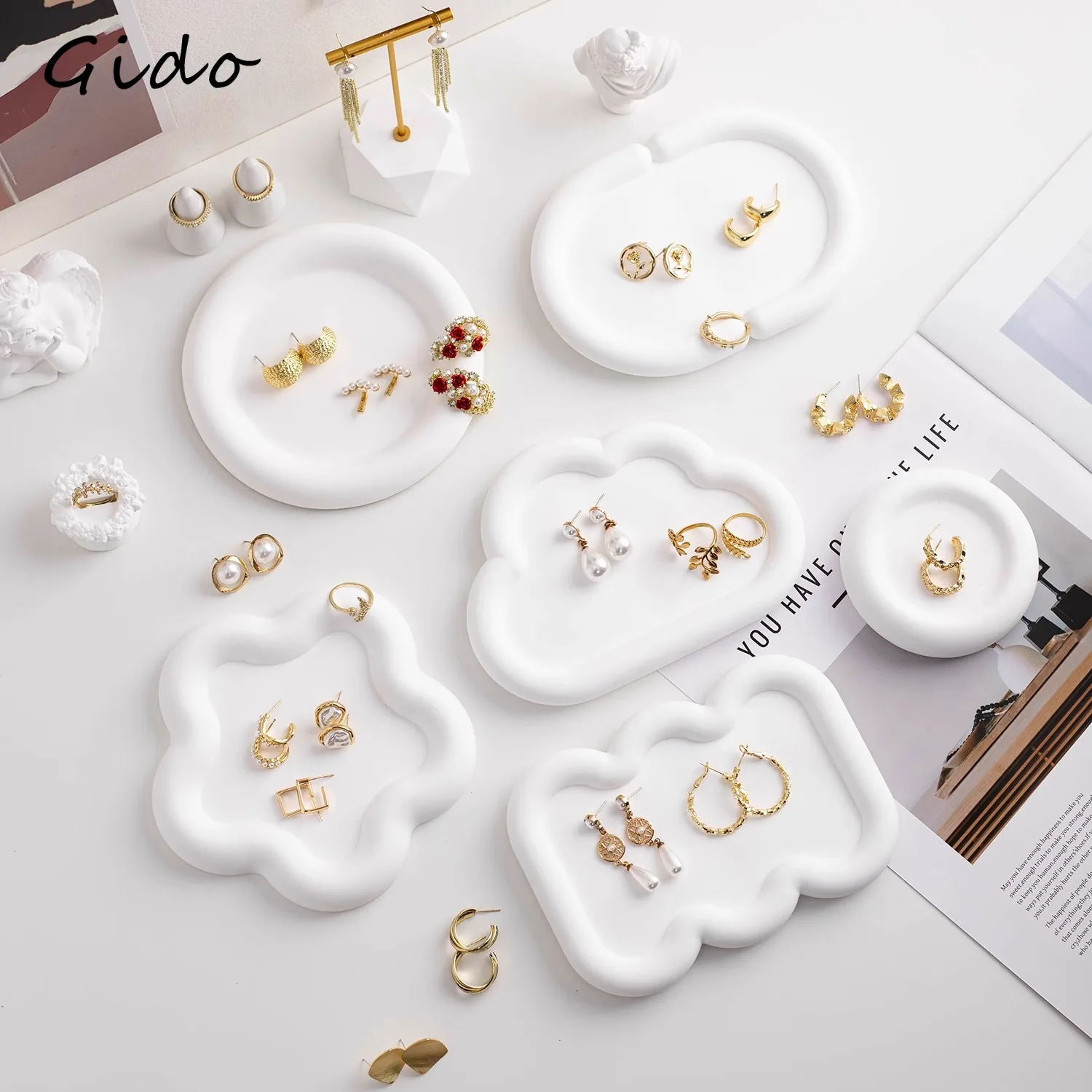 

Minimalist White Plaster Jewelry Display Tray Ring Earring Holder Organizer Photography Prop for Instagram Boutique