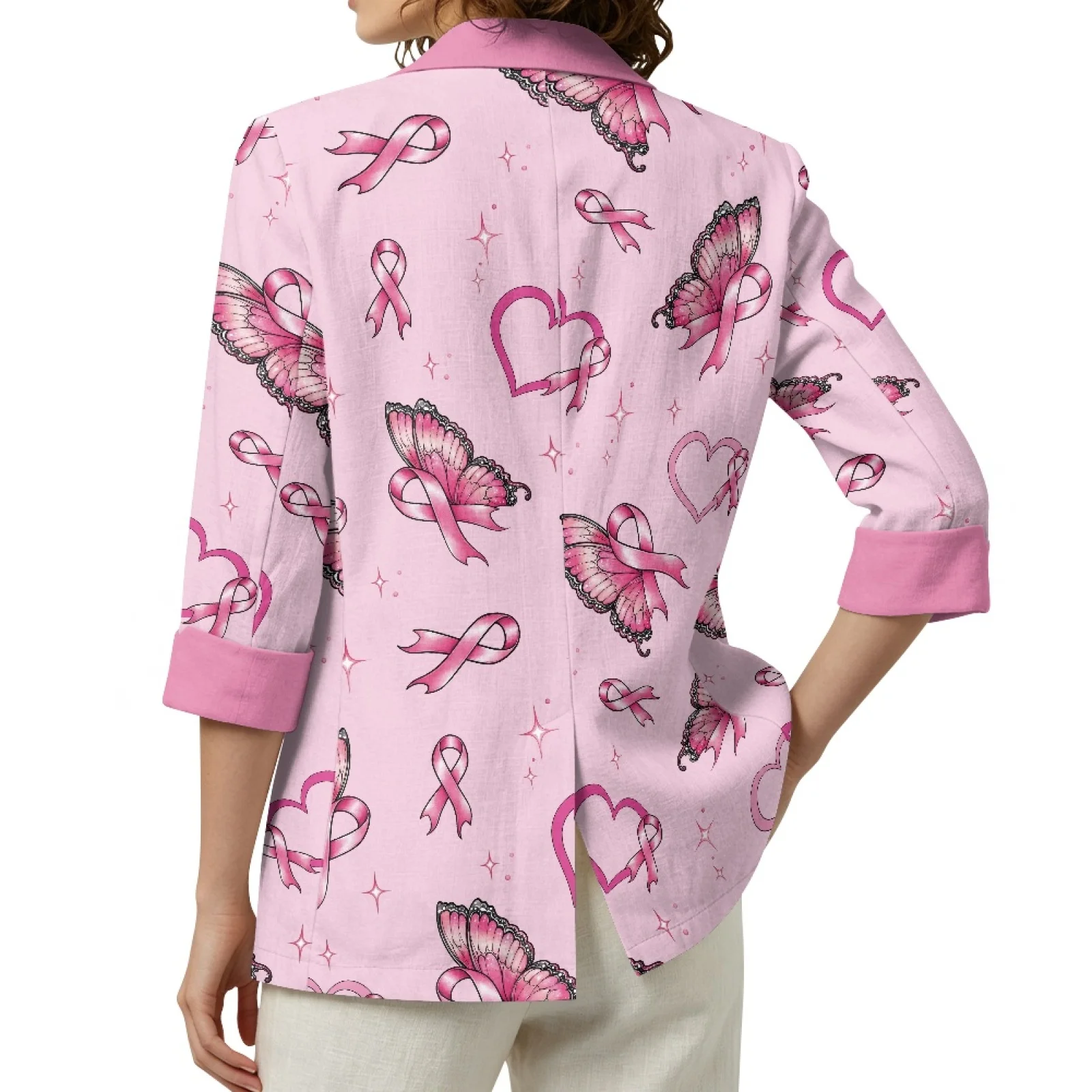 PENSTROLL Pink Ribbon Butterfly with Pockets, Open Front Cardigans for Ladies, Linen Like Loose Jackets for Resort and Vacation