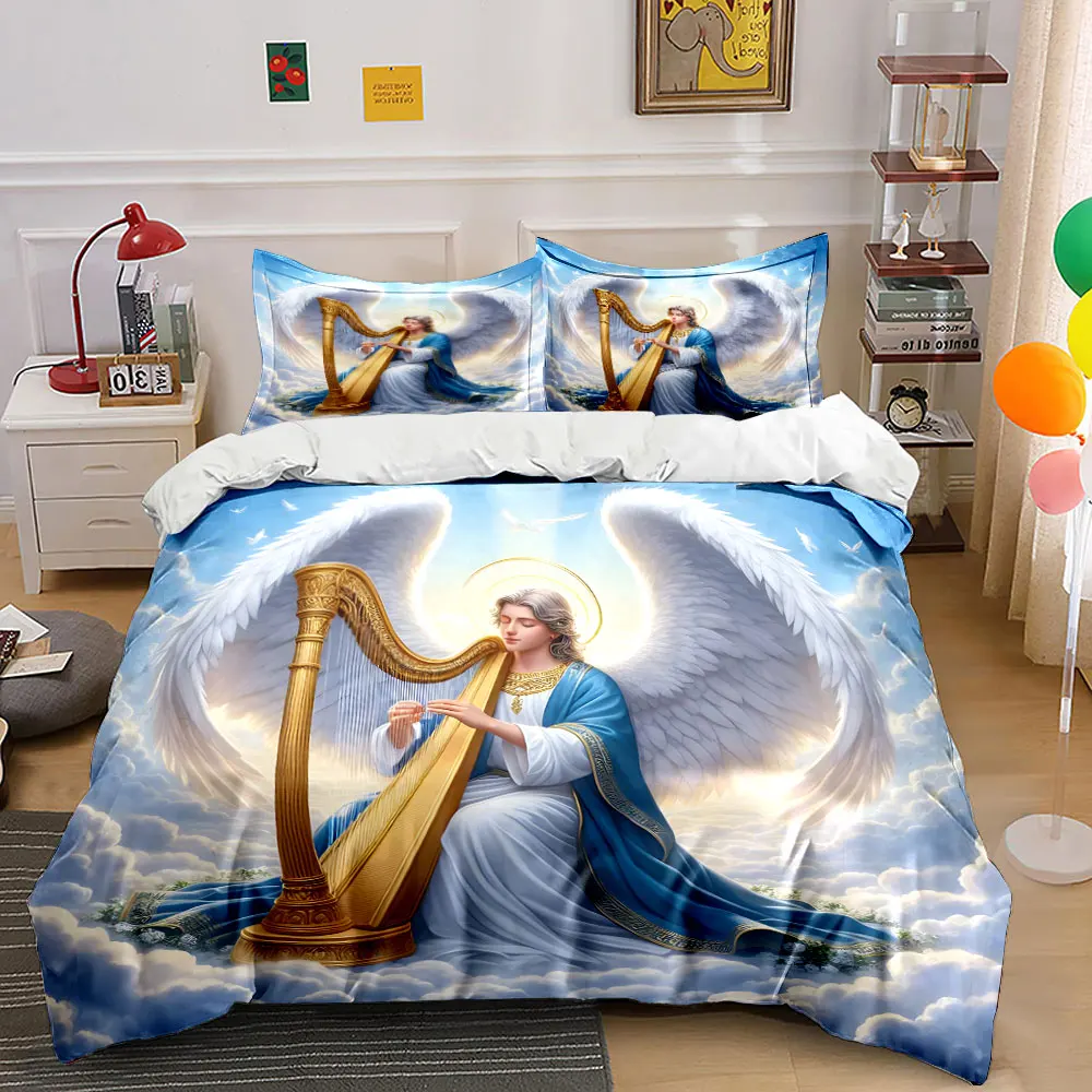 Angel Playing Harp in Clouds Pattern Duvet Cover Set Digital Print Colorful Polyester Bedding with Zipper Closur for kids gifts