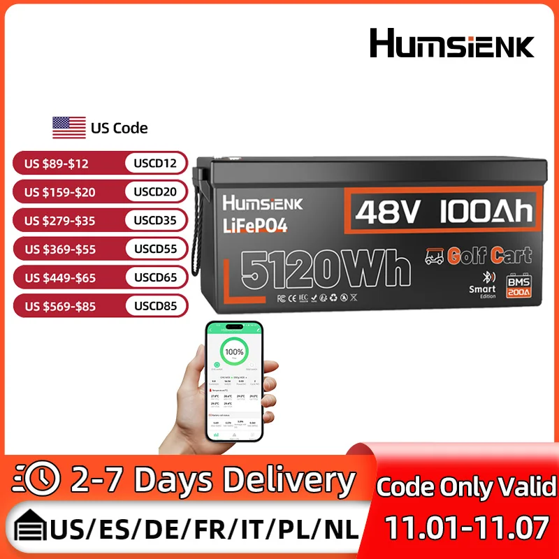 بطارية Humsienk Bluetooth LiFePO4 بقدرة 48 فولت 100 أمبير في الساعة متخصصة في عربة الجولف 200 أمبير BMS 5120 وات في الساعة، بيانات بطارية مراقبة الطاقة في الوقت الحقيقي