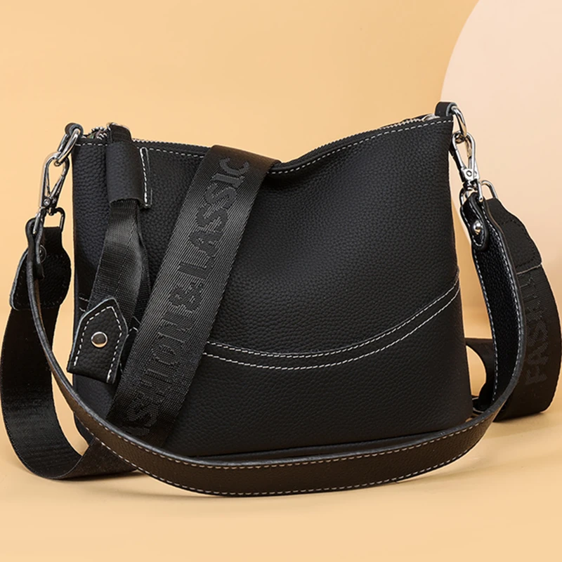 High Quality Genuine Leather Bucket Bag Women Messenger Bags Cow Leather Crossbody Shoulder Bag High Capacity Female Handbags