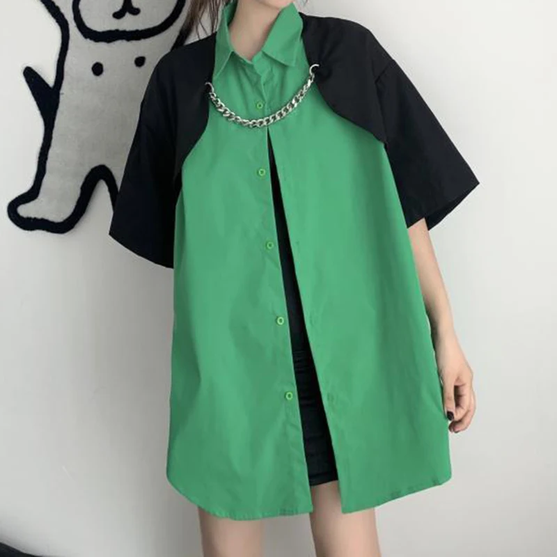 

2023 Spring New Unisex Contrast Spliced Chain Fake Two Piece Short Sleeve Shirts women tops blusas mujer