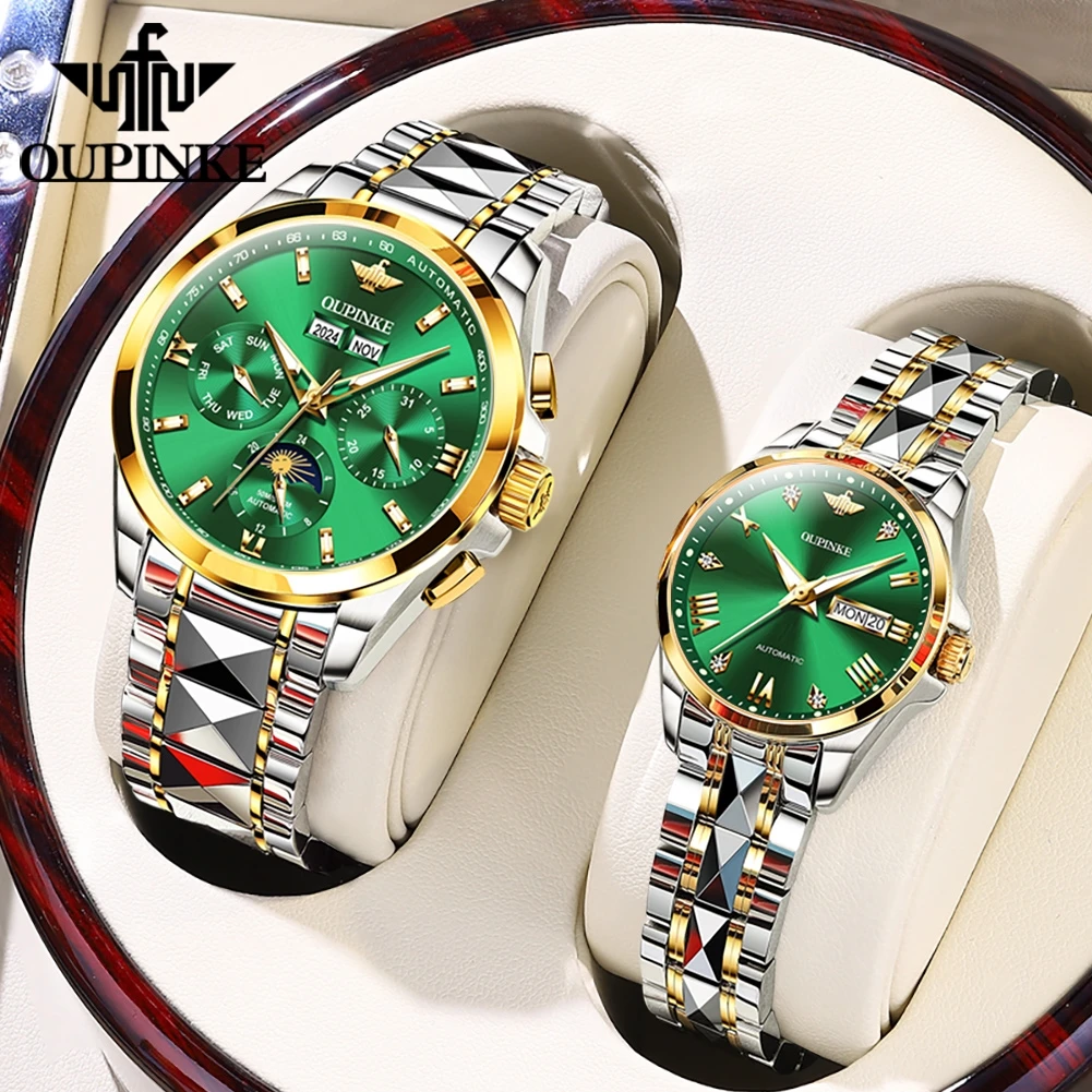 OUPINKE Couple Watches 2Pcs Luxury Fashion Original Automatic Mechanical Watch for Man Tungsten Steel Sapphire Mirror Waterproof