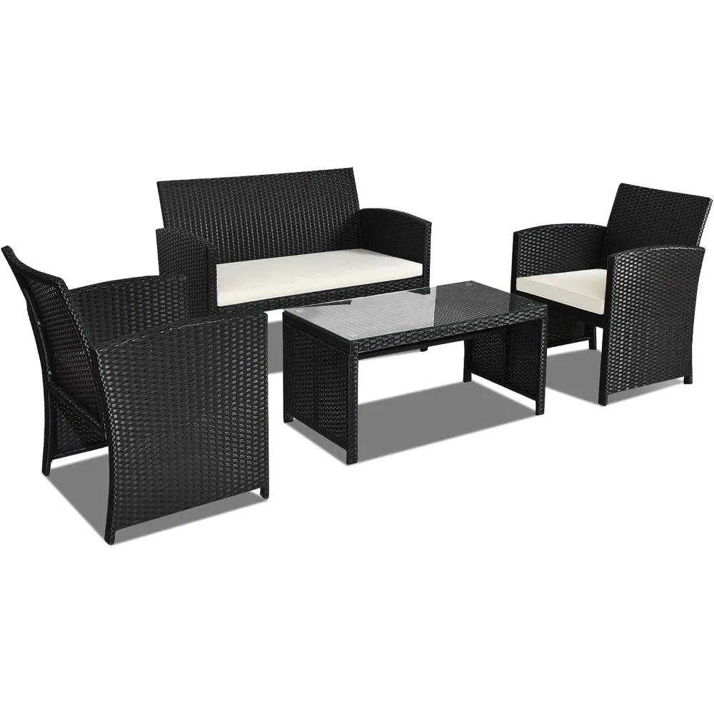 

4-Piece Rattan Patio Furniture Set, with Weather Resistant Cushions and Tempered Glass Tabletop, Wicker Conversation Sofa