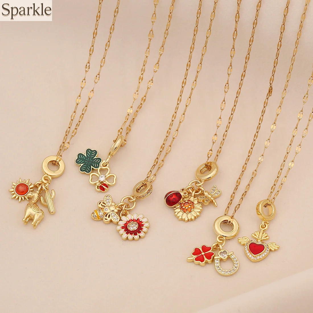 

Fashion Rhinestone Four-Leaf Clover Pendant Necklaces Heart Daisy DIY Gold-Plated Chains Stainless Steel Jewelry Wholesale Cheap