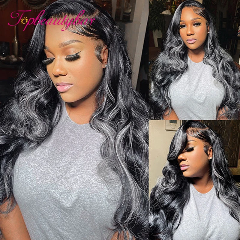 Lace Frontal Wigs Black Grey Highlight Wig 180 Density Wavy 13X4 Lace Front Wig Highlight Colored Human Hair Wigs Brazilian Remy