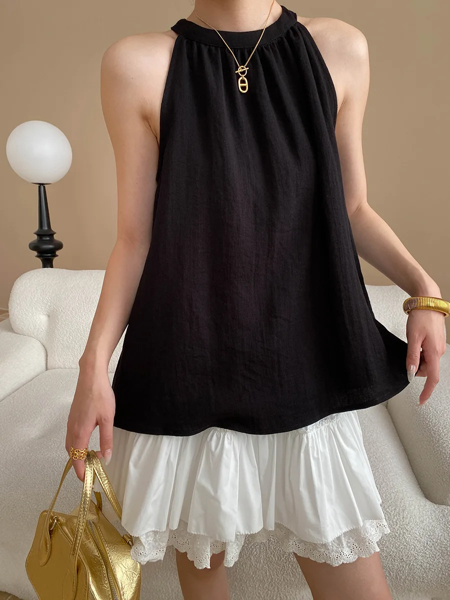 

Flax Textured Round Neck Halter Strap Off Shoulder Sleeveless Vest