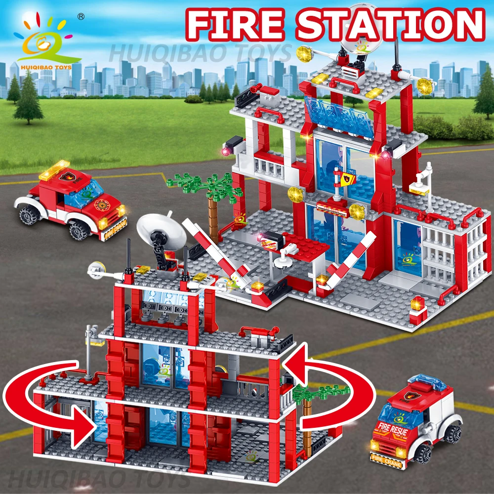 HUIQIBAO Città Polizia Stazione di Fuoco Building Blocks Set Ragazzi Fai da Te Auto Fuoco Fuoco Figure Mattoni Giocattoli Educativi per I Bambini Regalo