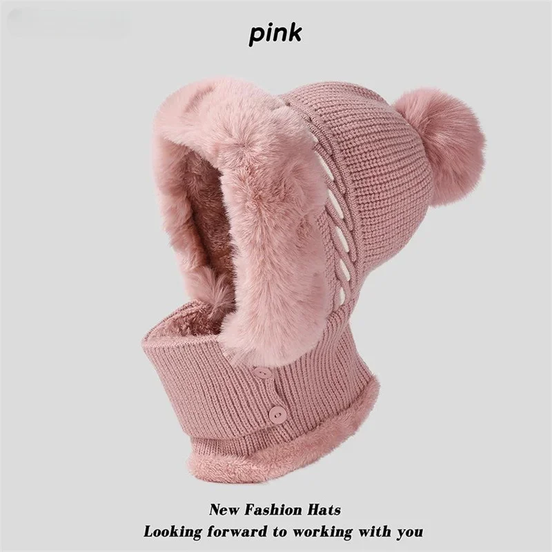 Winter Scarf Set Hooded For Women Knitted Neck Warm Russia Outdoor Ski Windproof Hat Thick Beanies