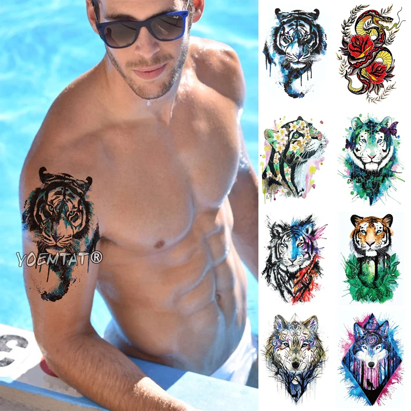 

Color Tiger Waterproof Temporary Tattoo Sticker Old School Snake Flower Pattern Animals Transfer Art Flash Fake Tatoo Men Women