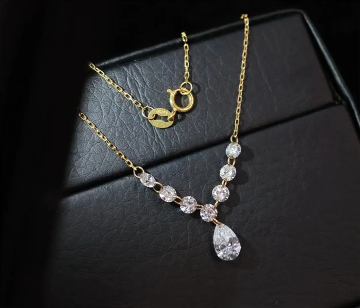 18K gold lab-grown diamond necklace, water droplet and round with drilled holes and clawless setting, custom-designed jewelry view 3