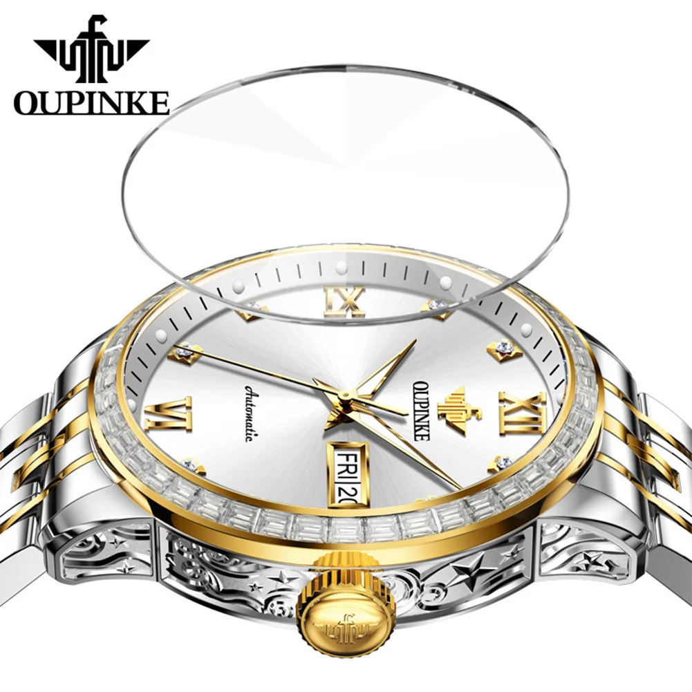 ساعات رجالية OUPINKE 3258 موضة الأعمال الأصلية ساعة ميكانيكية أوتوماتيكية للرجل الياقوت مرآة الماس الحافة تاريخ الأسبوع