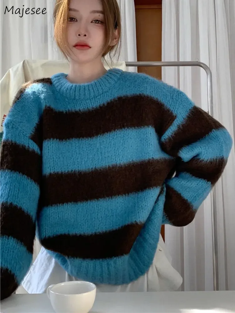 Blue Stripes Sweaters Women Winter Thicken Vintage Loose All-match Knitted Pullovers Harajuku Sueter Mujer Students Unisex Pulls